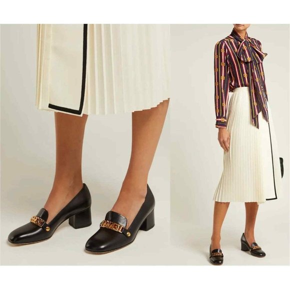 NEW GUCCI shoes heels pumps Black Leather Sylvie Web Stripe Chain Block Size 38 - Picture 5 of 11